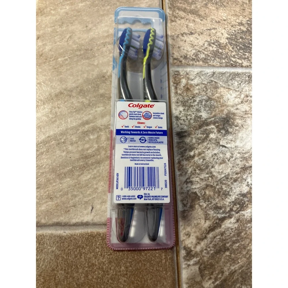 Colgate 360 Advanced Floss-Tip Soft Toothbrushes 2 Pack Black Blue Yellow